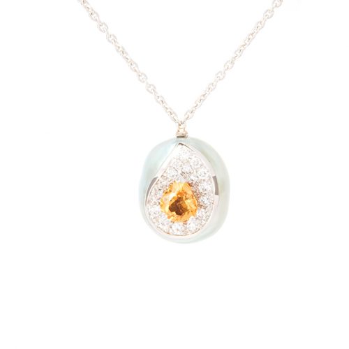 Pendentif Larme, or balnc, perle baroque, diamants et saphir orange 1